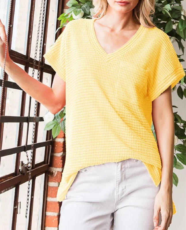 Solid V-Neck Waffle Top