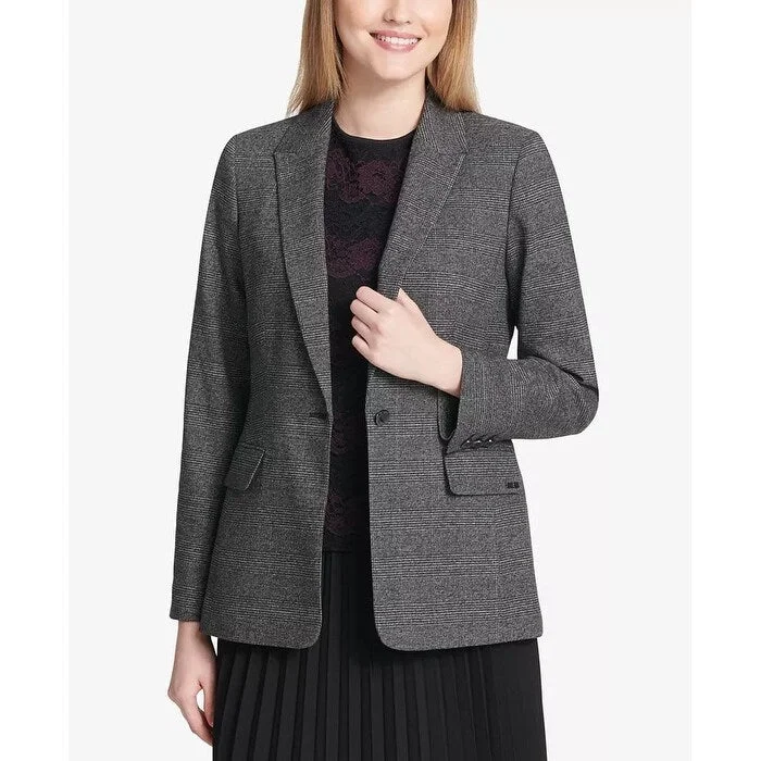 Calvin Klein Women's One-Button Plaid Blazer Dark Gray Size 10