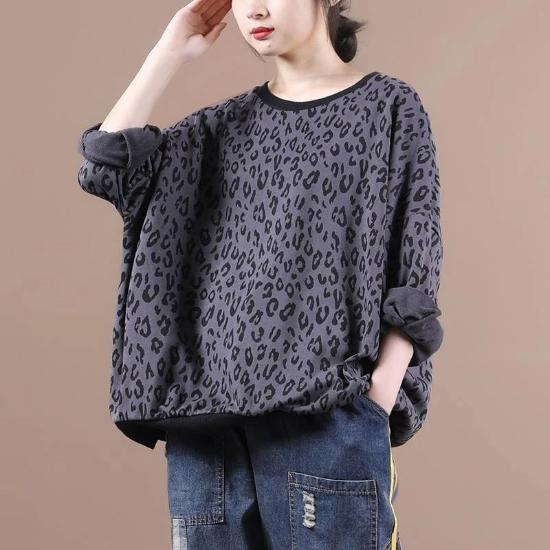 French dark gray Leopard tops women blouses o neck loose blouses