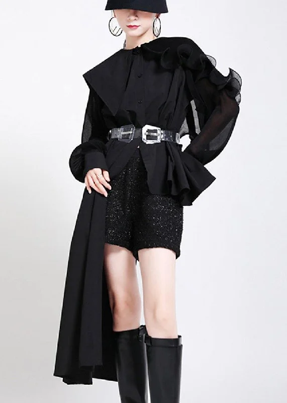 French Black tie waist Long sleeve Chiffon Shirt Tops