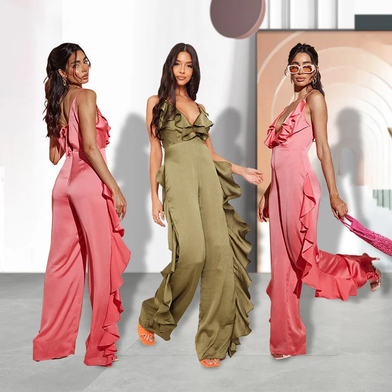 Sexy Satin Ruffled Summer Jumpsuits