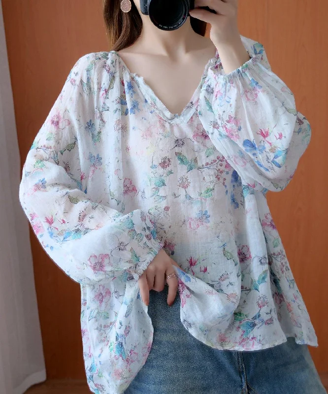 French floral shirts women v neck baggy Midi blouse