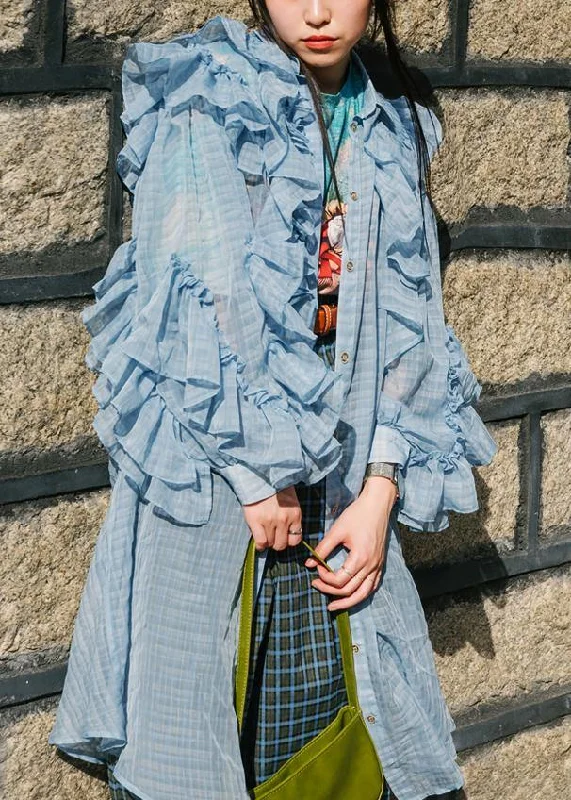 French Blue Wrinkled Ruffled Summer Chiffon Shirts Long Sleeve