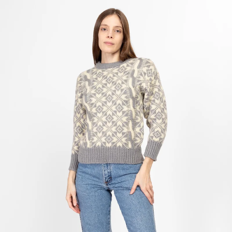 XS 80s Grey & Cream Fair Isle Wool Cable Knit Sweater