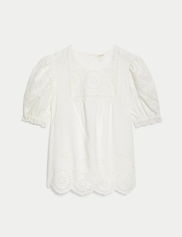 Pure Cotton Broderie Puff Sleeve Blouse