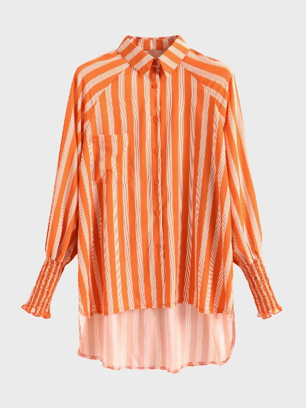 Midsize Lapel Striped Elastic Cuffs Long Sleeve Shirt