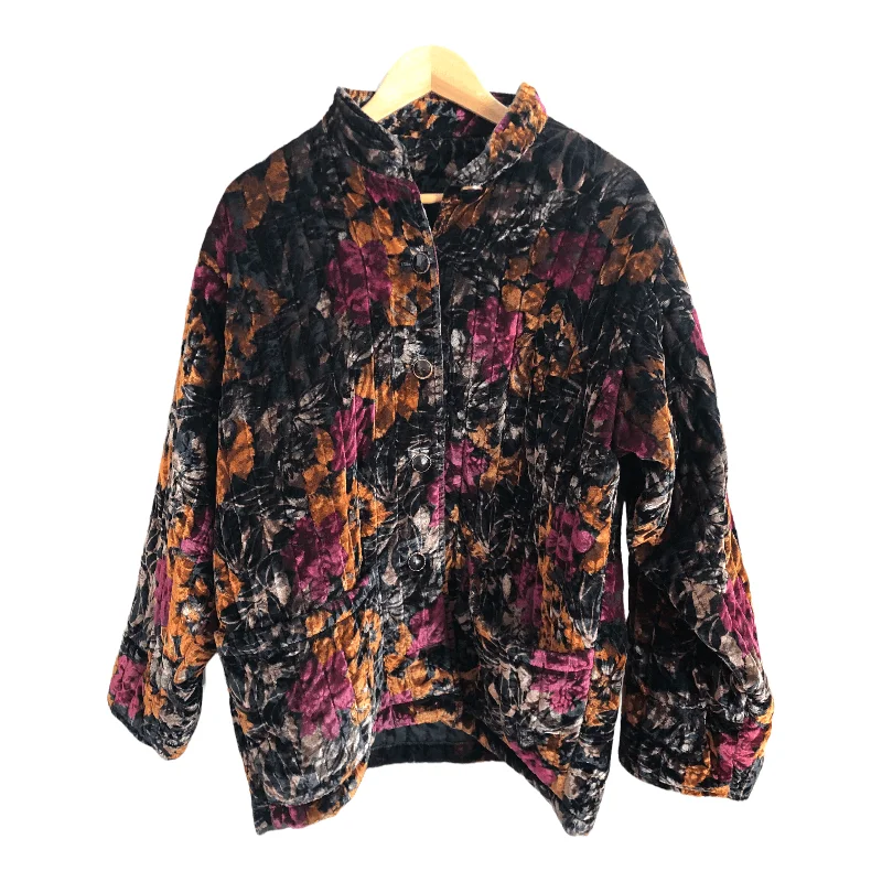 Unbranded Vintage Velvet Cotton Quilted Padded Jacket Black Copper Burgundy Floral Print Size L/XL