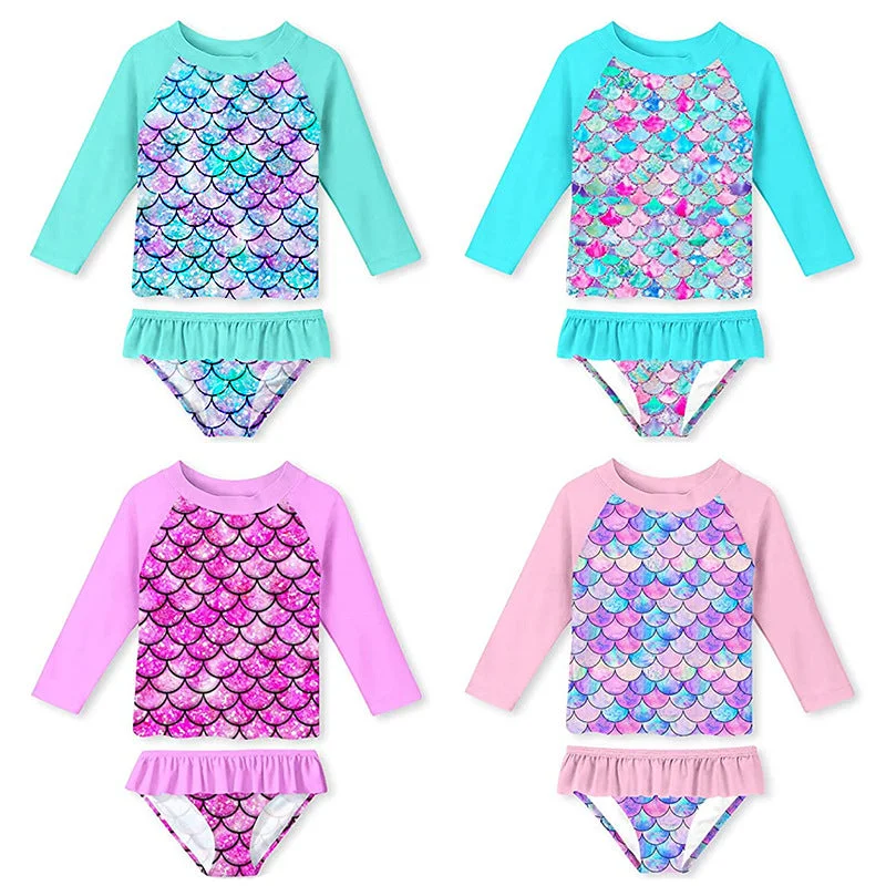 3D Fish Scale Design Two Pieces Swimsuits for Girls