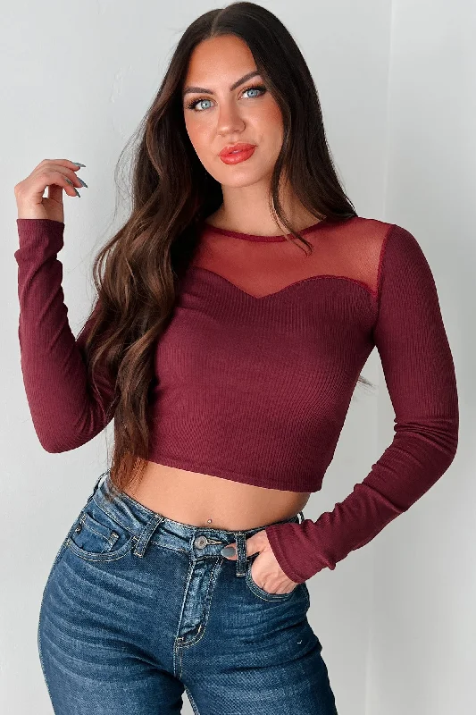 DOORBUSTER How Fitting Mesh Contrast Long Sleeve Top (Wine)