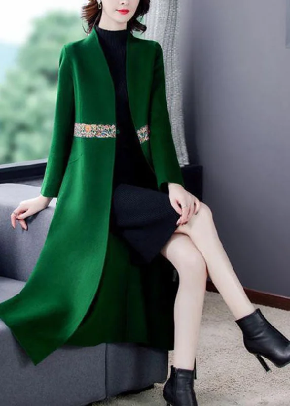 Boutique Green V Neck Embroideried Slim Fit Woolen Trench Winter