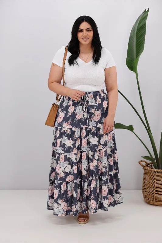 New U Collection Vintage Floral Navy Maxi Skirt