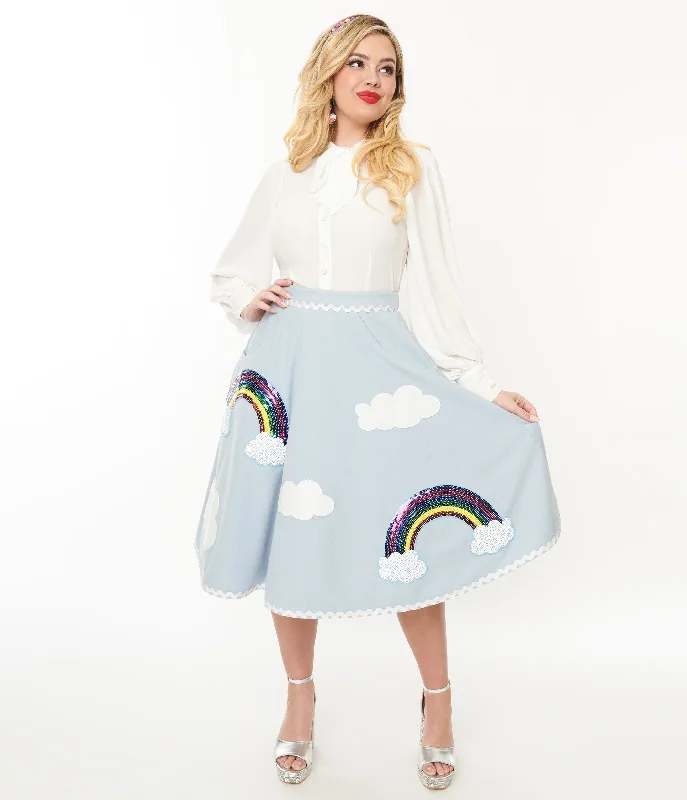 Unique Vintage 1950s Light Blue & Rainbow Sequin Soda Shop Swing Skirt