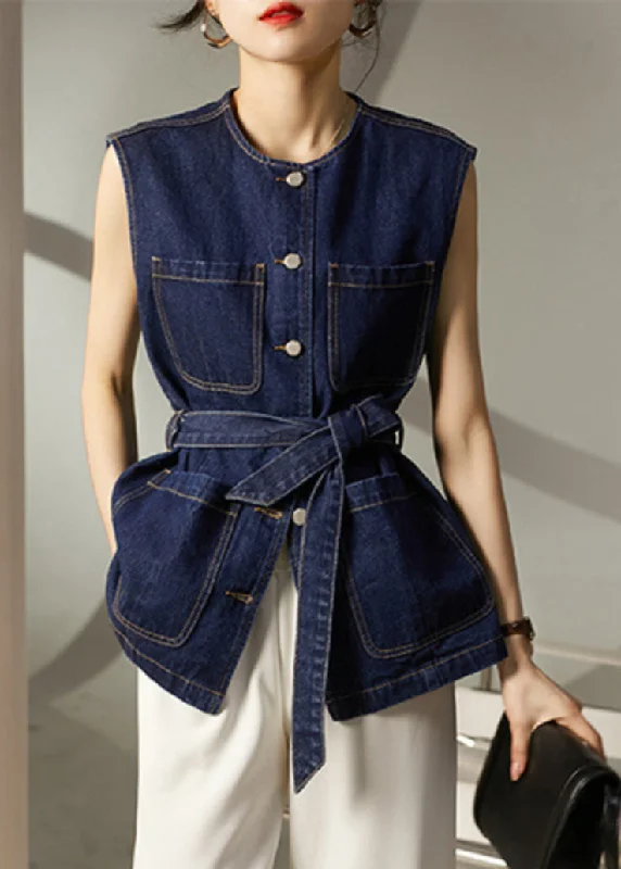 Loose Blue Button Tie Waist Pockets Denim Vest Sleeveless