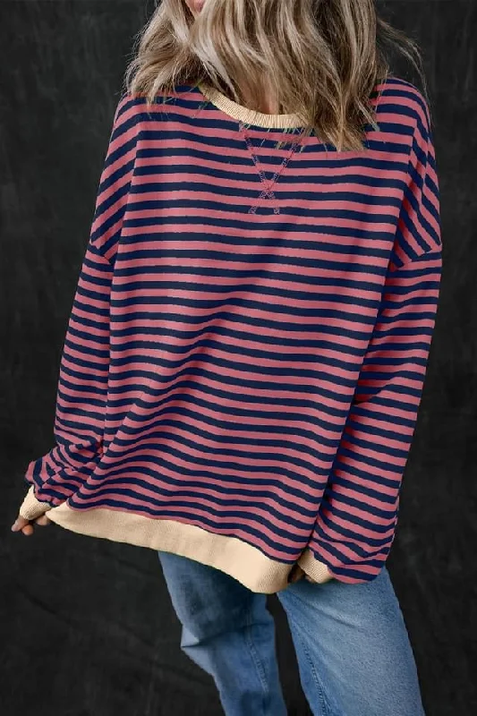 Striped Oversized Contrast Trim Pullover Sweatshirt