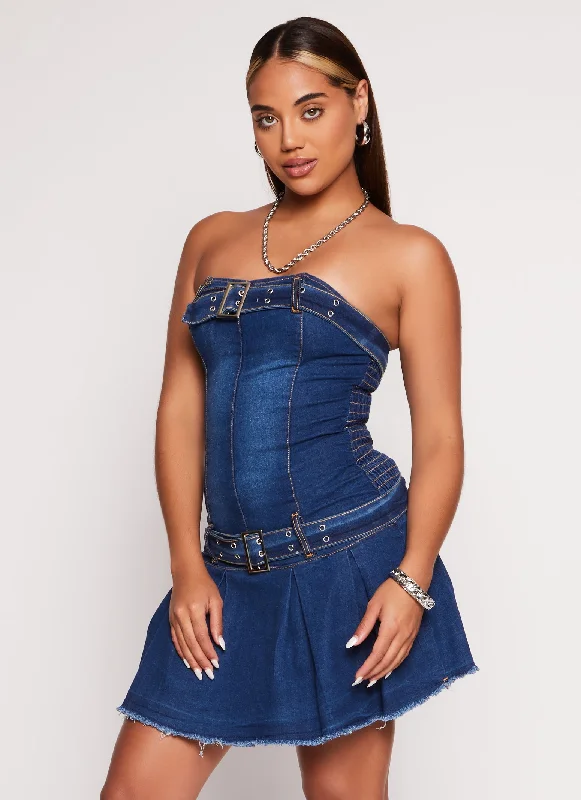 Grommet Belted Strapless Pleated Denim Dress