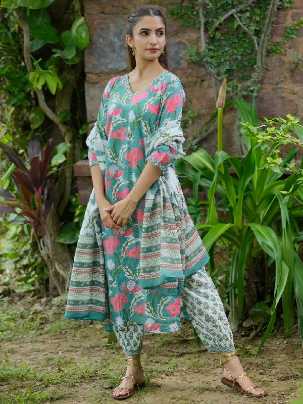 Turquoise Printed Cotton Straight Suit With Dupatta