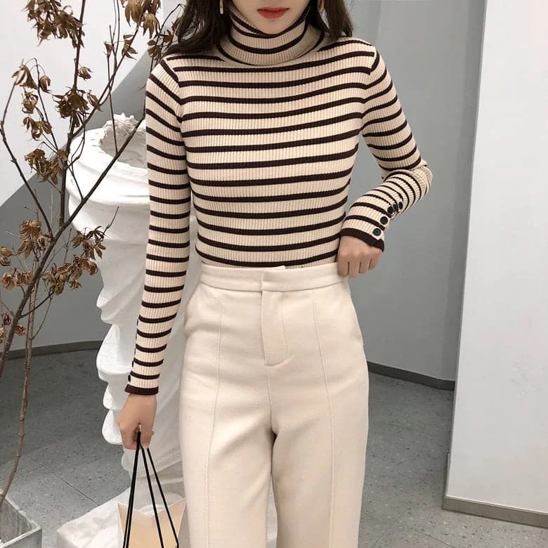 DressBetty - High-Collar Striped Knit Bottom Sweater