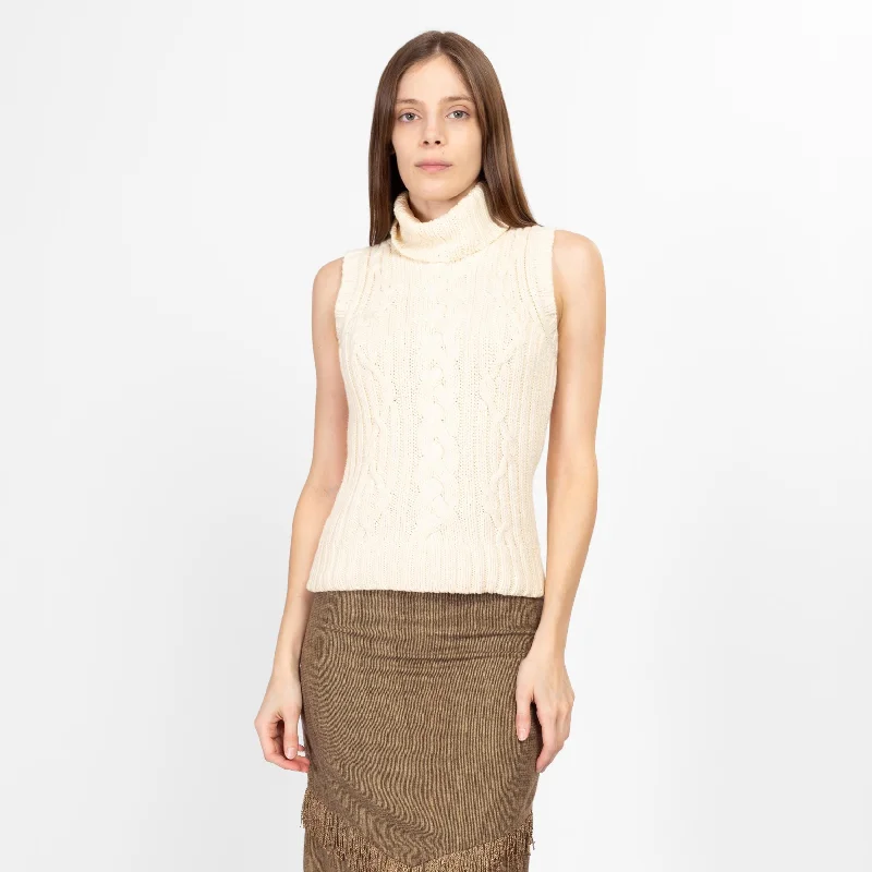 XS Y2K Gap Cream Cable Knit Sleeveless Turtleneck