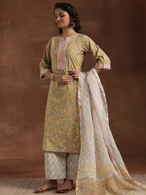 Green Printed Cotton Straight Suit With Dupatta