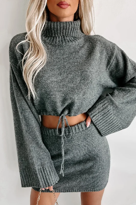 Change In The Weather Sweater Knit Crop Top & Skirt Set (Charcoal)