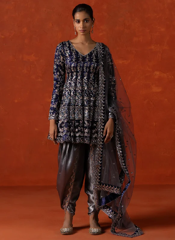 Navy Blue and Grey Embroidered Punjabi Suit