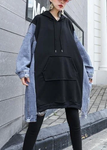 French Hooded Asymmetric Clothes For Women Work Outfits Black A Line Tops