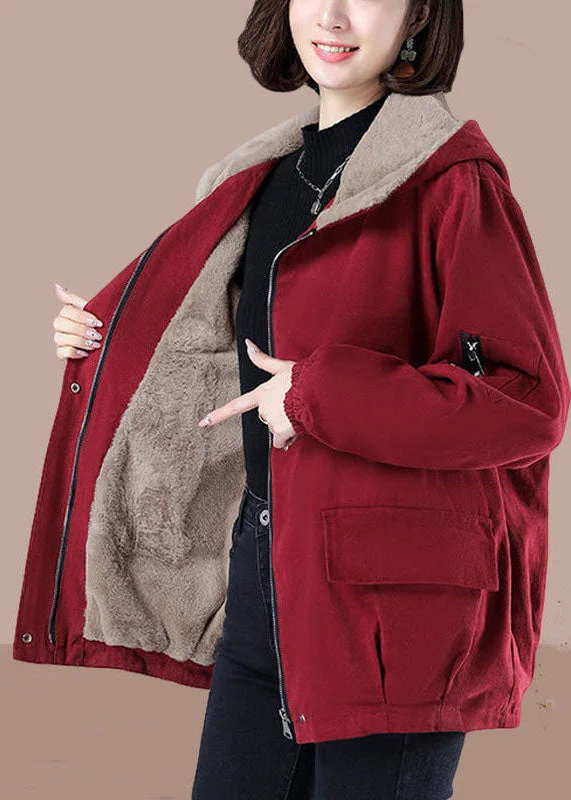 Classy Red Hooded Oversized Zippered Fuzzy Wool Lined Jackets Winter