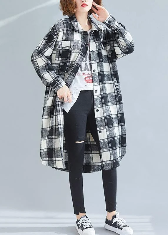 French black white plaid cotton top silhouette lapel pockets cotton tops