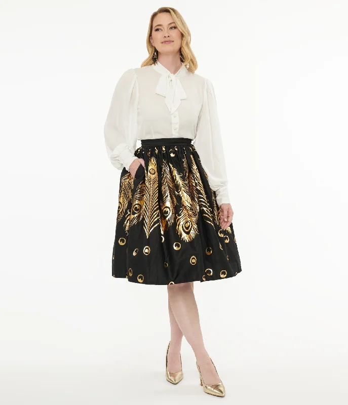 Unique Vintage 1950s Black & Gold Foil Feather Gellar Swing Skirt