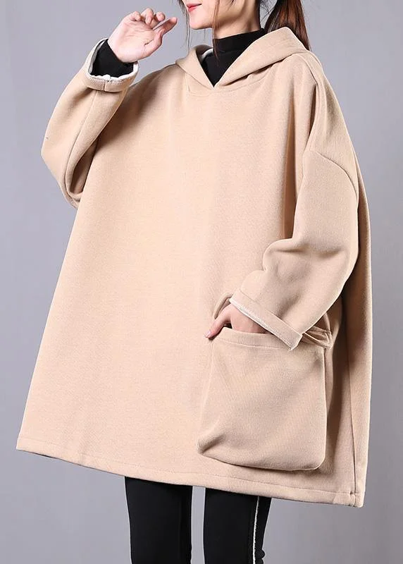 French hooded thick cotton linen tops women khaki shirt