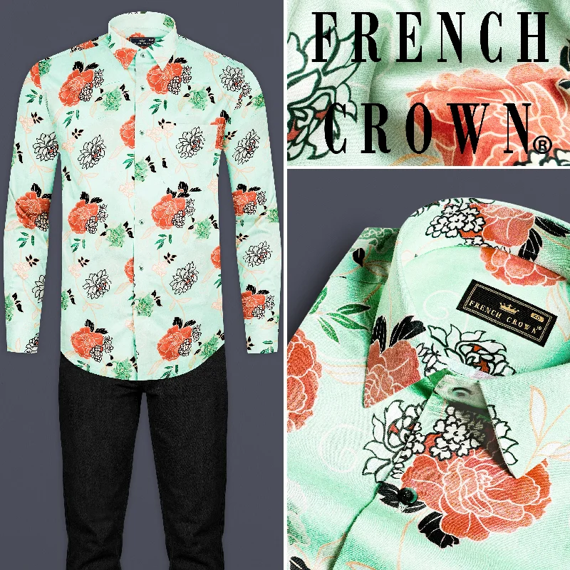 Skeptic Green and Salmon Peach Multicolour Floral Printed Subtle Sheen Super Soft Premium Cotton Shirt