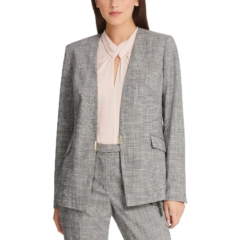 DKNY Women's Plaid Collarless Blazer Gray Size 12 Petite - 12 Petite