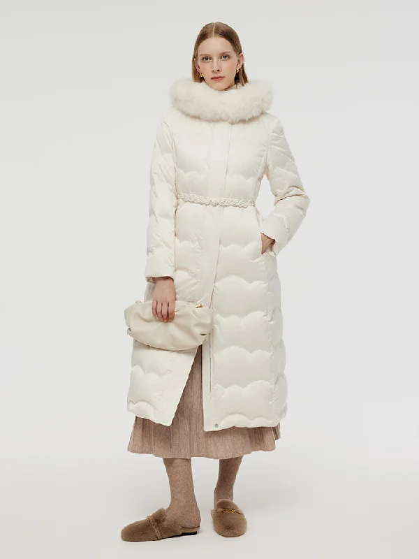 Belted Long Goose Down Coat With Detachable Faux Fur Hood