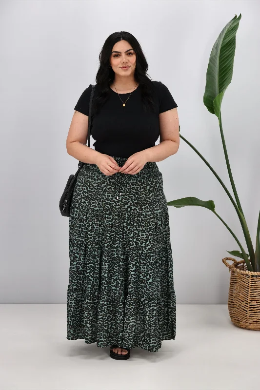 New U Collection Leopard Green Maxi Skirt