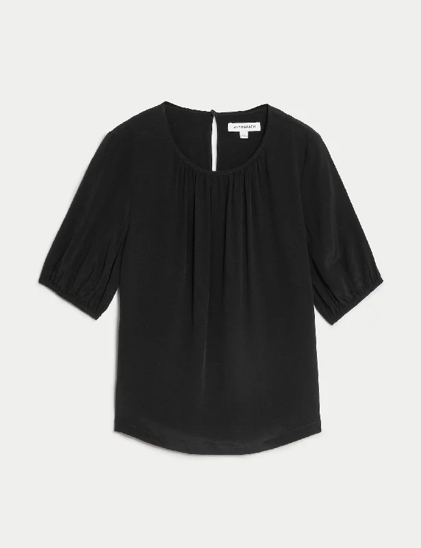 Cupro Rich Round Neck Puff Sleeve Blouse