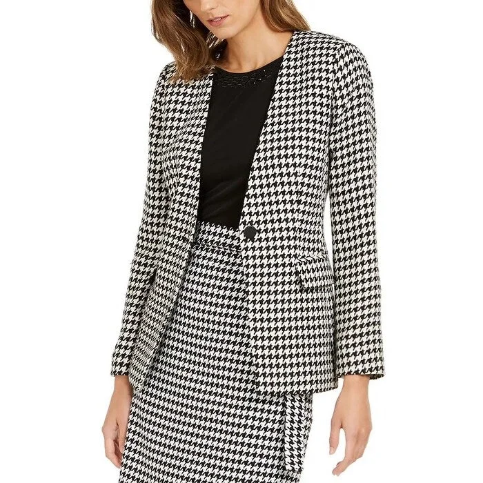 Calvin Klein Women's Houndstooth Print Single Button Blazer Grey Size 2 Petite - 2 Petite