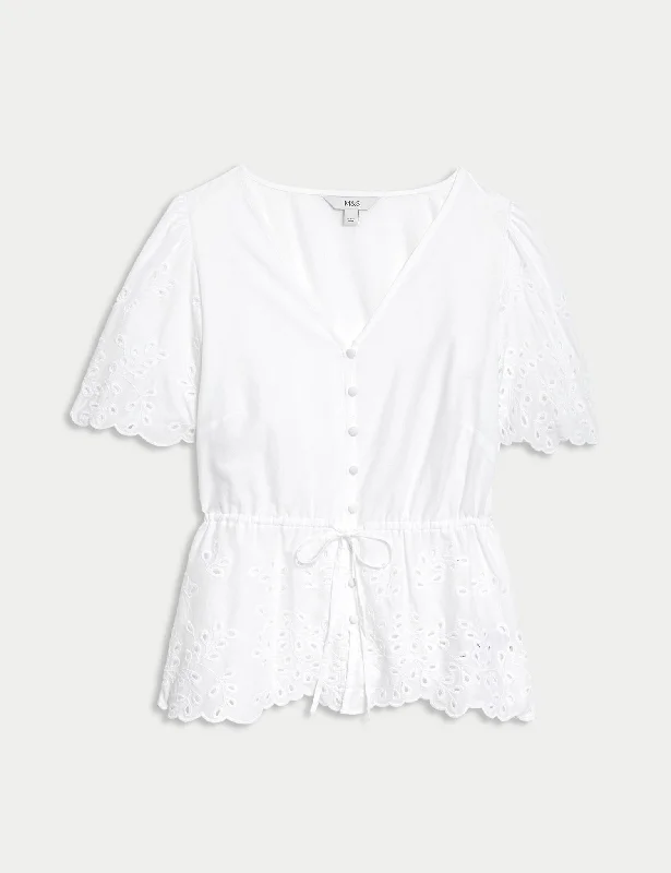 Pure Cotton Broderie V-Neck Tie Front Blouse