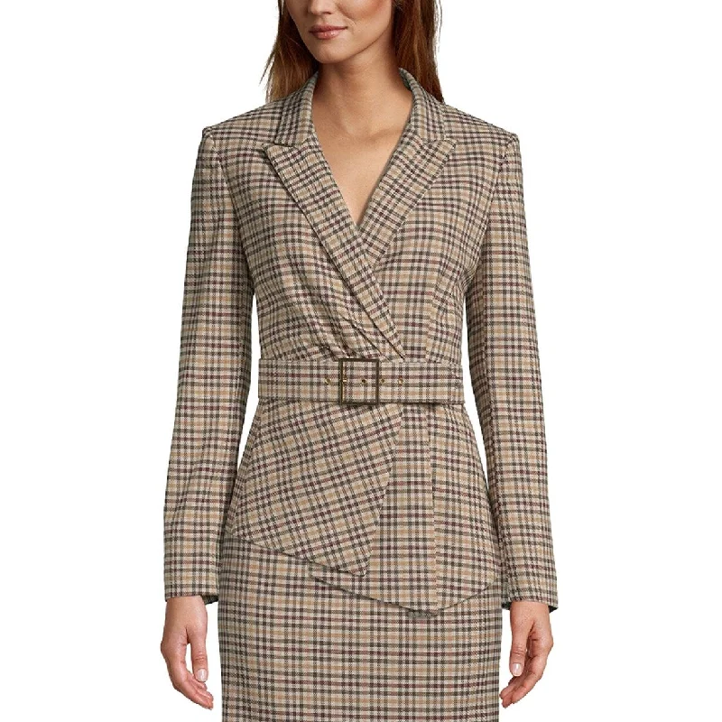 Tahari Asl Women's Belted Plaid Asymmetrical Blazer Brown Size 16