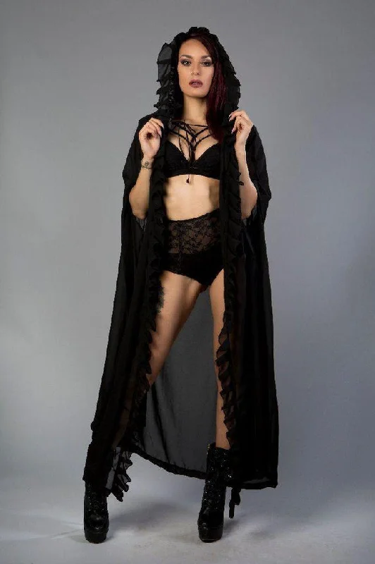 Hooded Gothic Victorian Cape In Black Chiffon