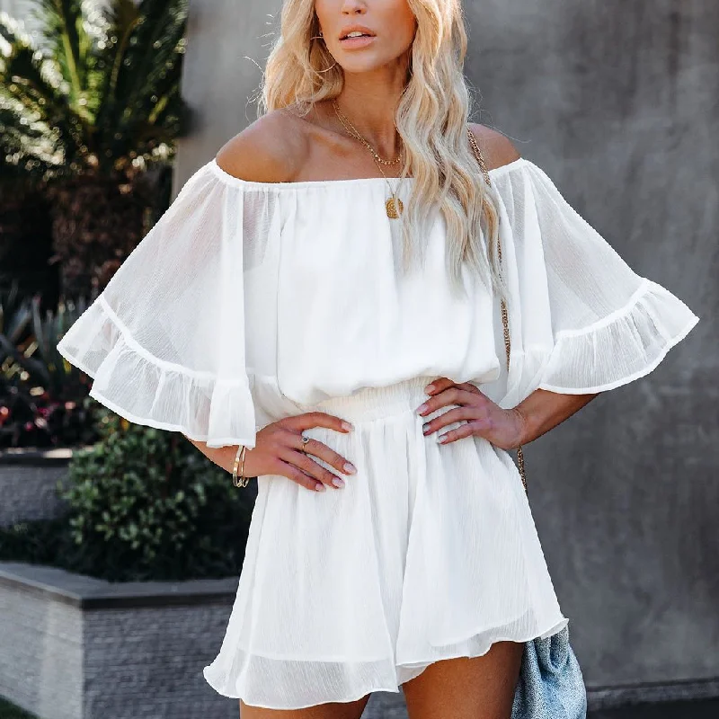 Summer Chiffon Off The Shoulder Tops & Pants Suits