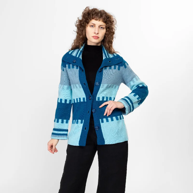 Small 70s Blue Striped Gradient Knit Cardigan