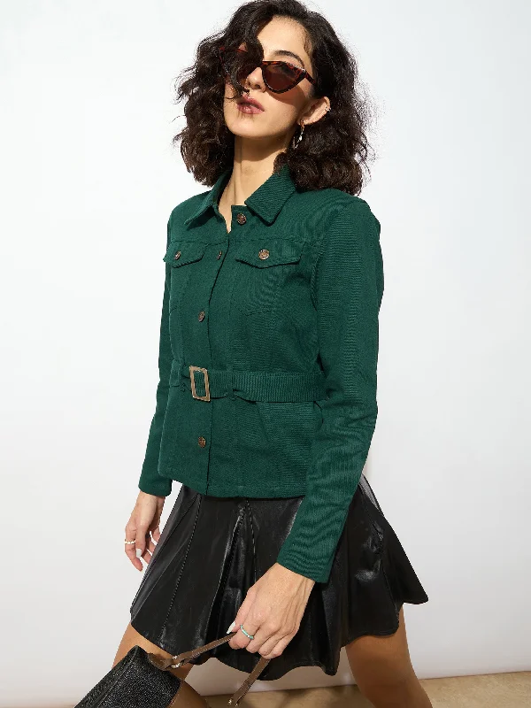 Women Emerald Green Denim Belted Jacket