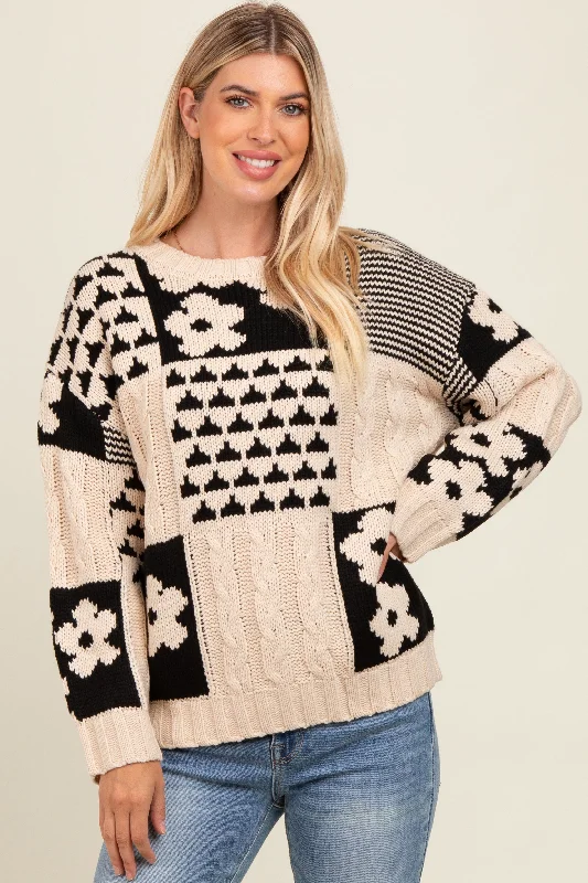 Beige Floral Mixed Print Cable Knit Sweater