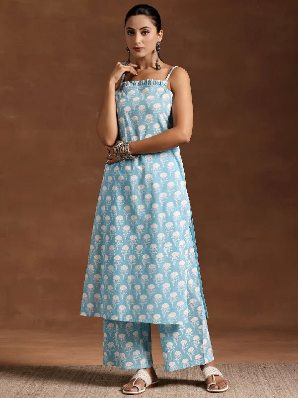 Blue Printed Cotton Straight Kurta Set