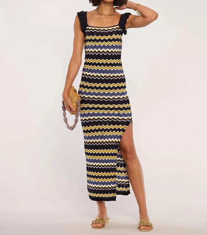 Bennet Dress In Navy Chevron Wave Multi