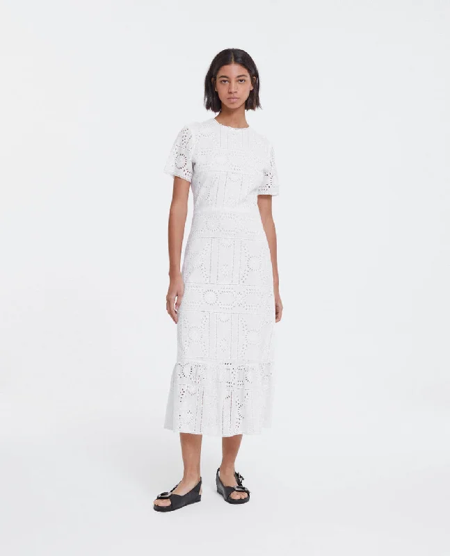 Long White Embroidered Dress With Crew Neck